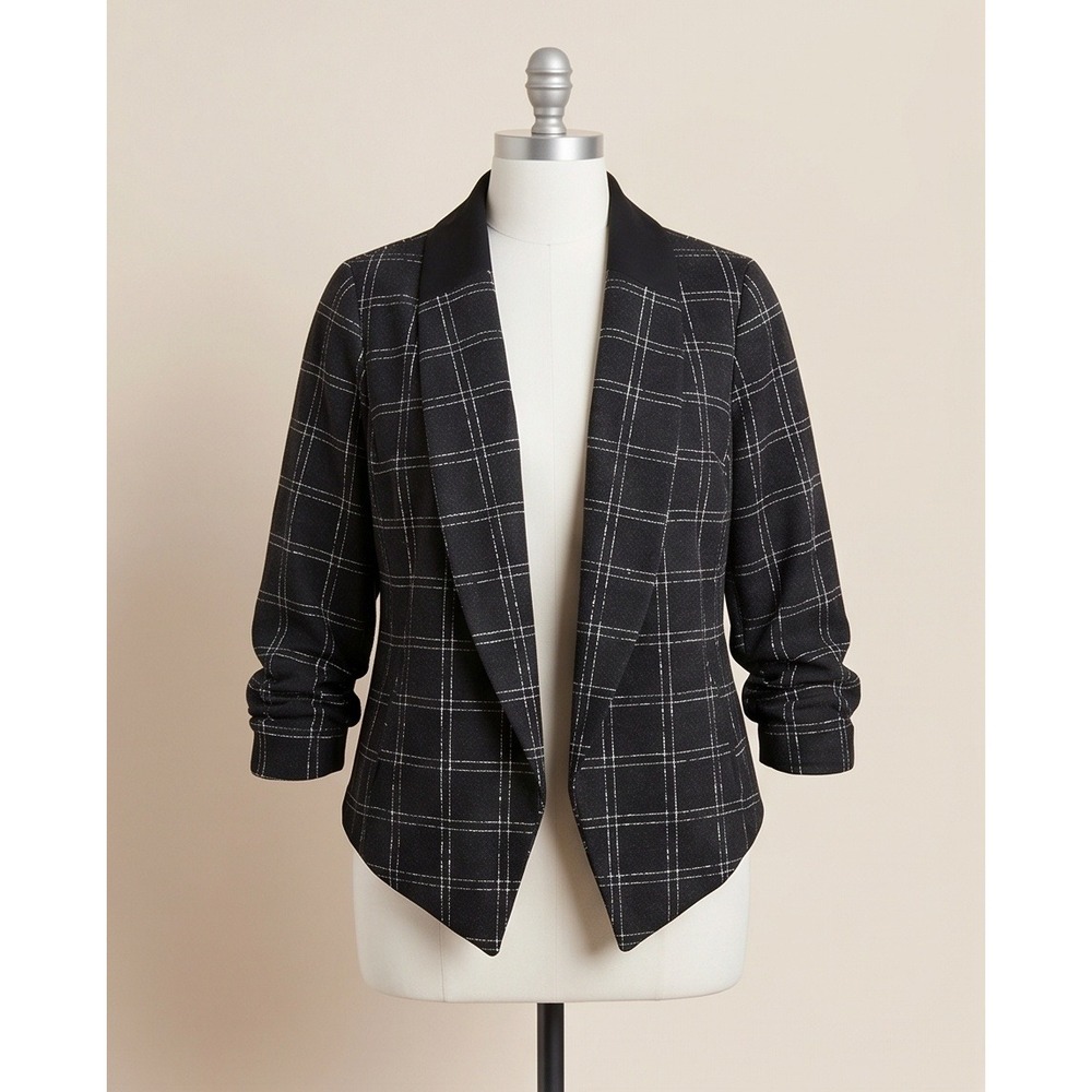 Torrid 2 Black White Plaid Ruched Sleeve Open Front Blazer Jacket Plus Size 2X